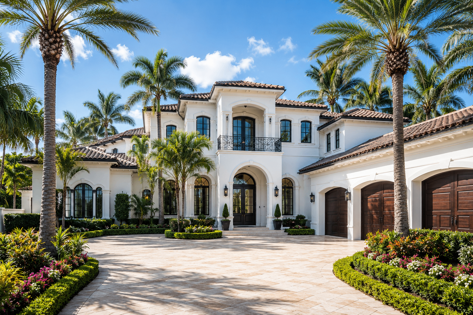 Luxury Palm Beach estate with palm-lined driveway